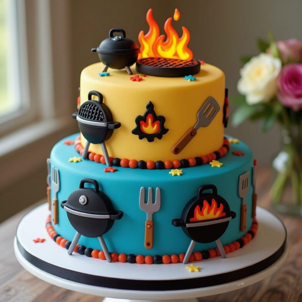 Whimsical Barbecue Wedding Cake with Fondant Designs