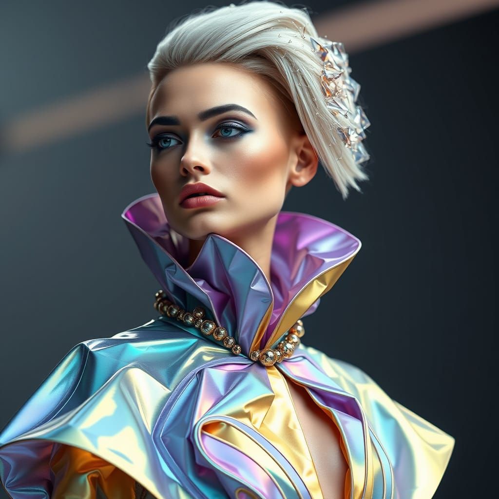 Glamorous Futuristic Fashion Model in Iridescent Gown