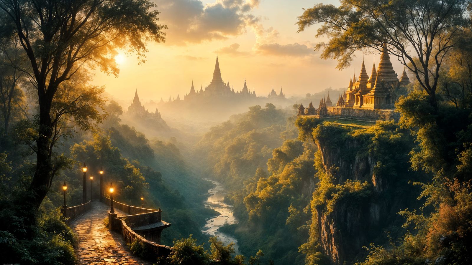 Golden Pagodas Emerge Through Myanmar Mist at Dawn