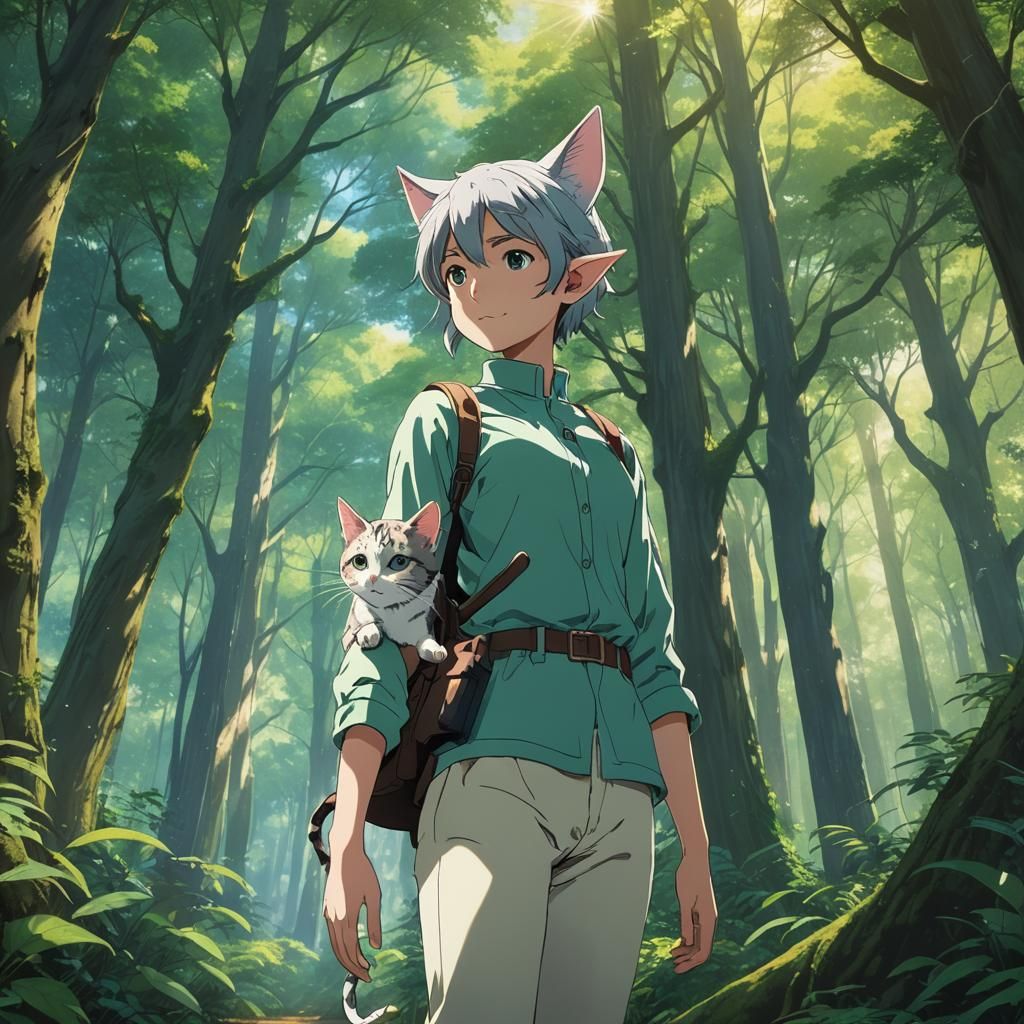 Anime Elf with Cat Ears in Forest Glade