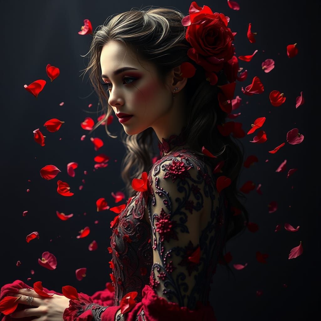 Woman in Red Petals, Pointillism Digital Art