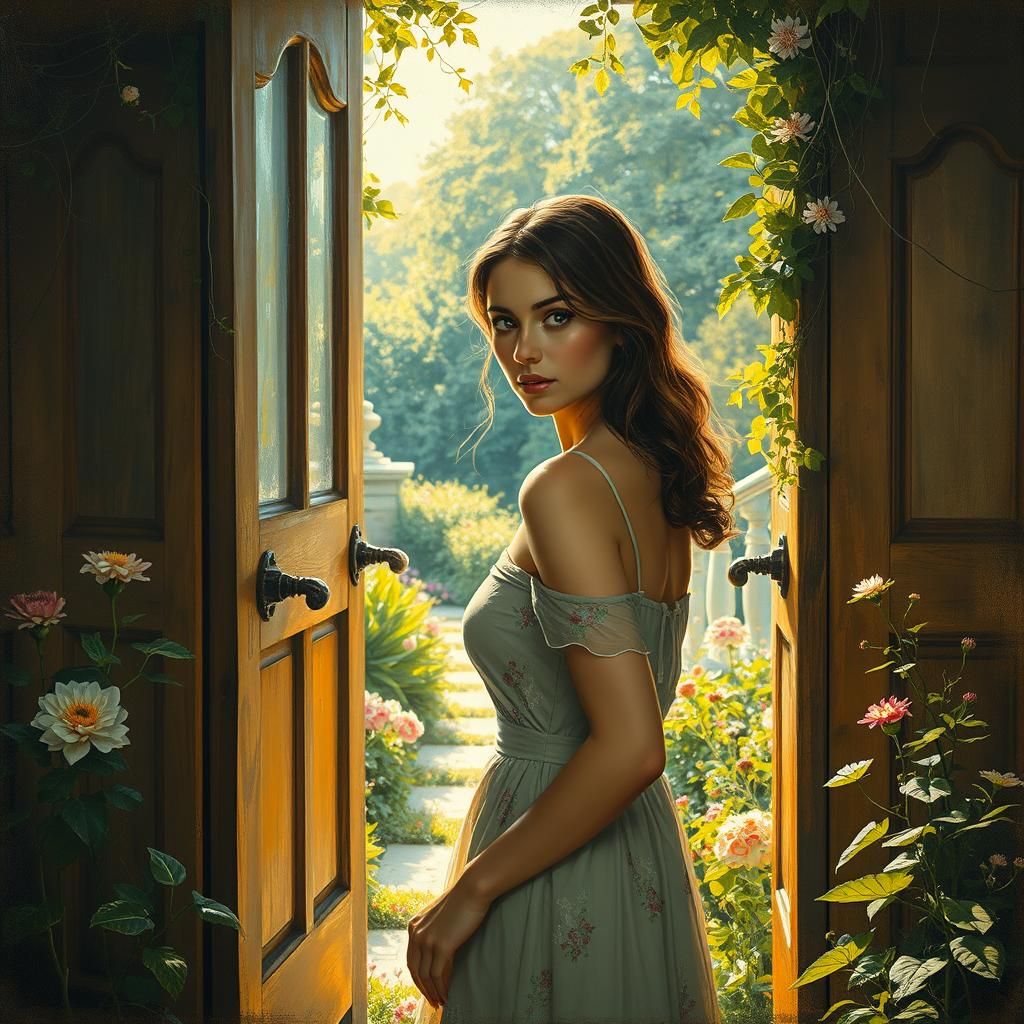 Woman Enters Vibrant Garden in Impressionistic Style