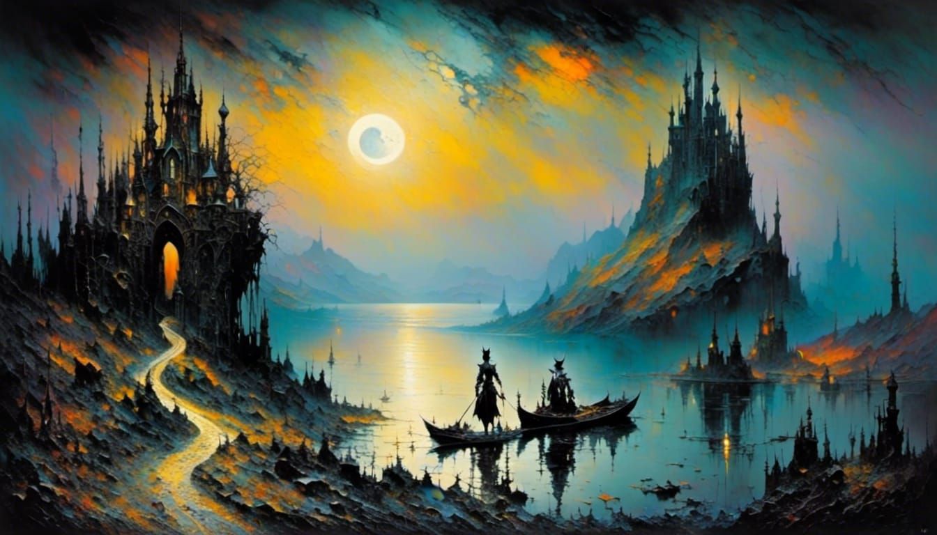 Lakeside Sunset Impasto Painting with Deep Background