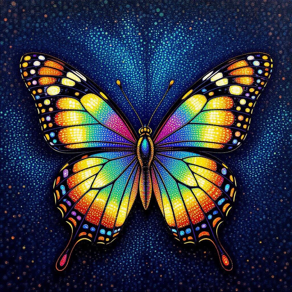 Iridescent Butterfly in Pointillist Style