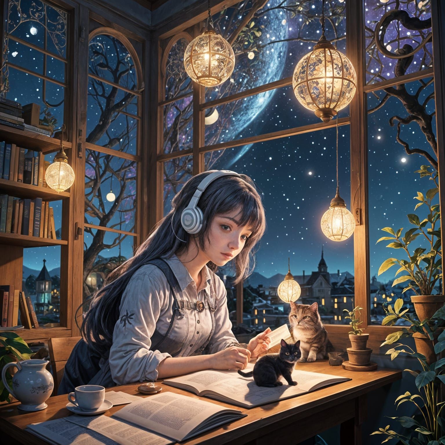 Lofi Girl Studying at Night with Comet View