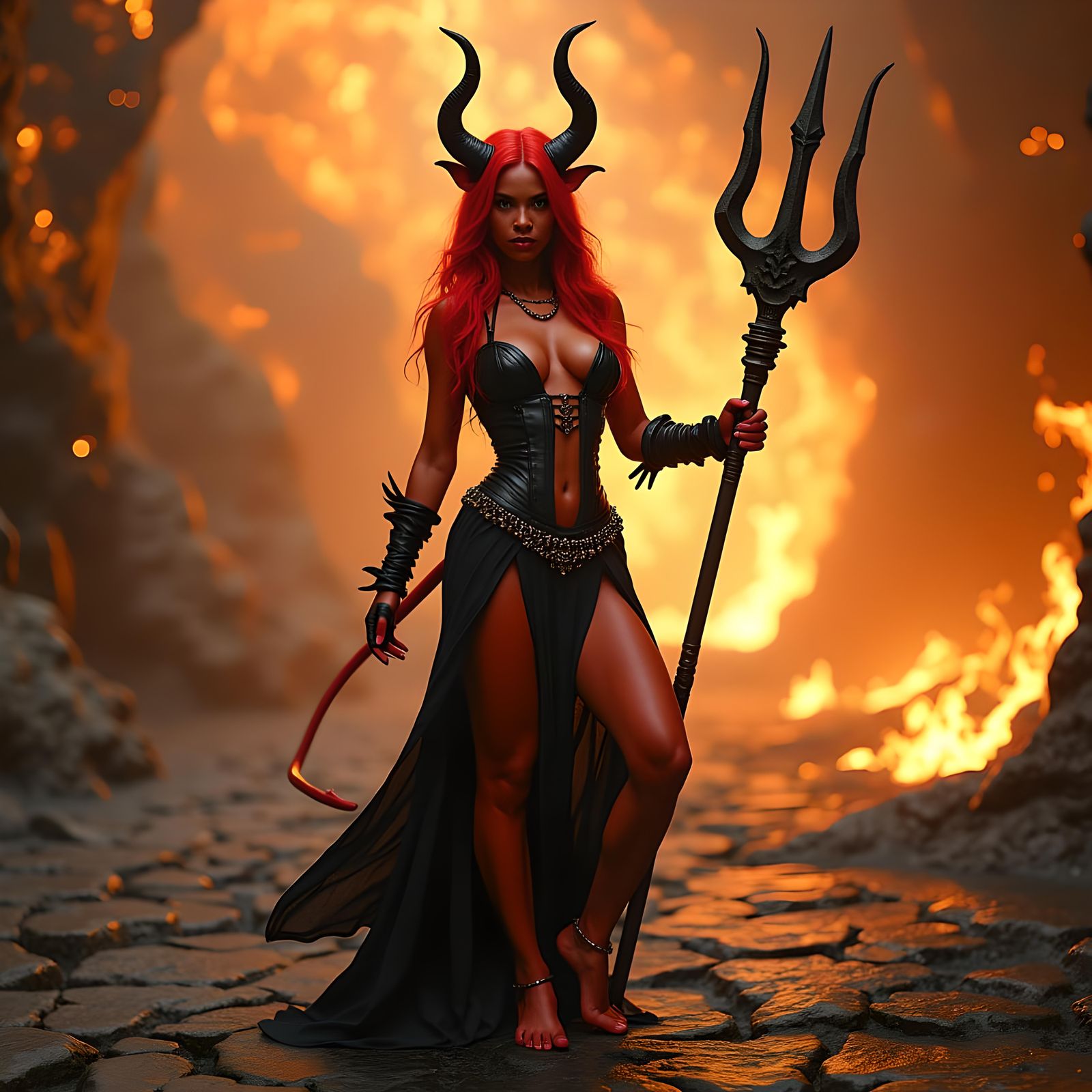 Captivating Red She-Devil in Fiery Fractal Landscape