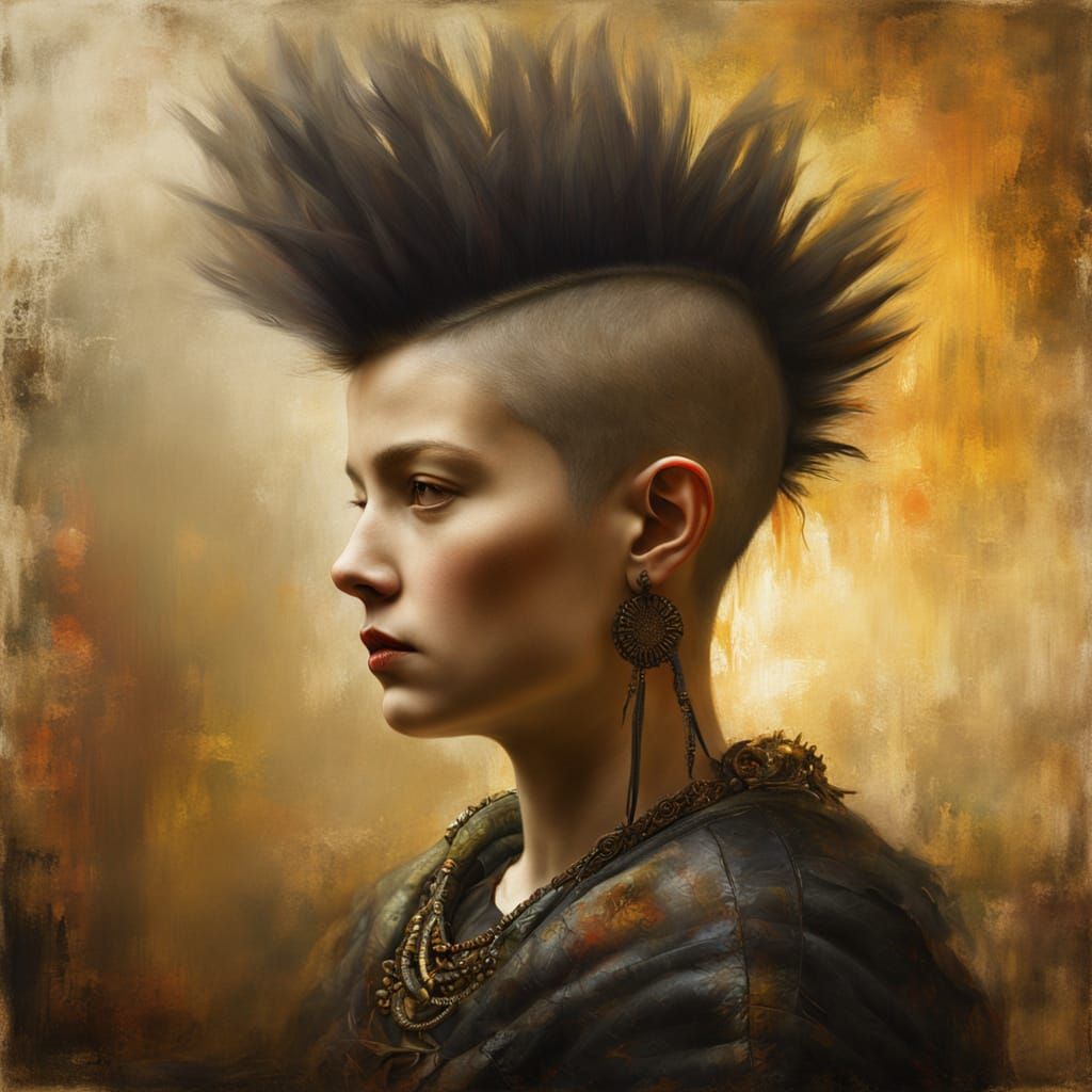 Golden Punk Girl with Mohawk in Autumn Haze