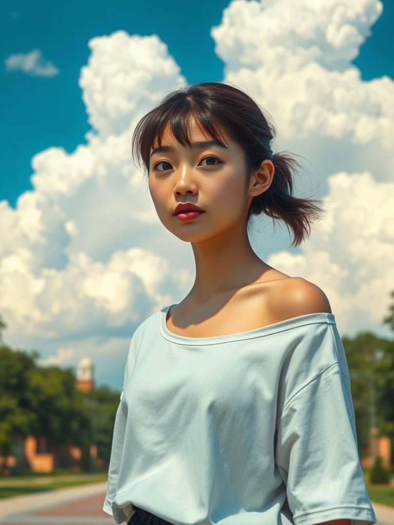 Girl on Campus Under Cumulonimbus Clouds