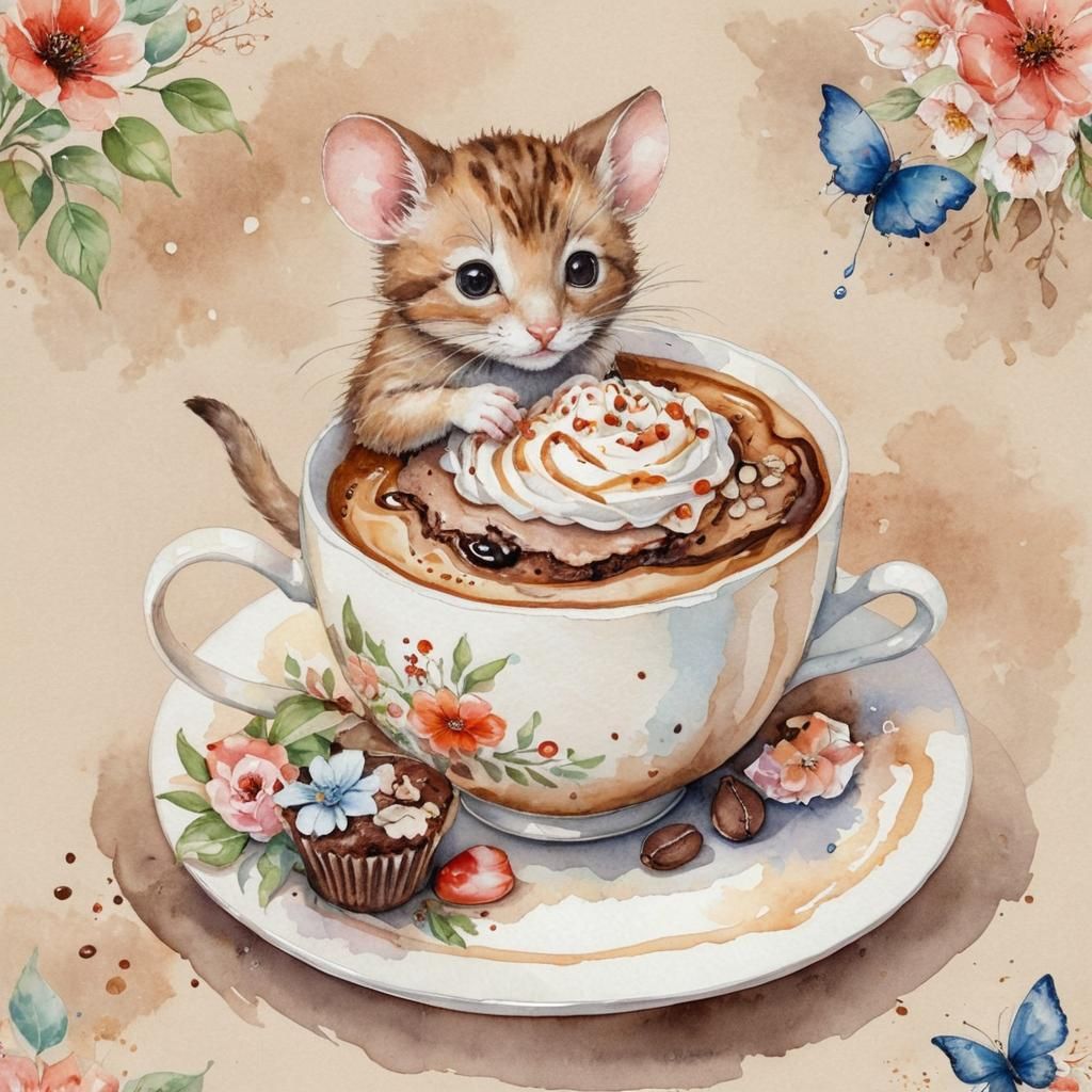 Cute Mouse and Kitten Share Coffee in Whimsical Watercolor S...