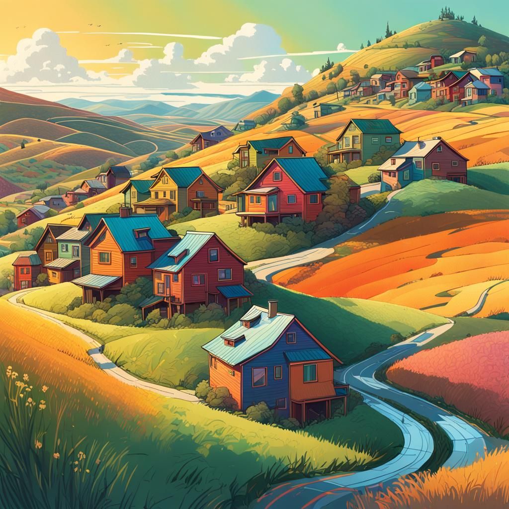 Doodle-Filled Village on Rolling Hills: Hyperrealistic Conce...