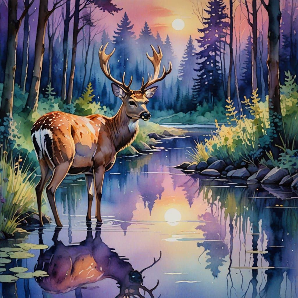 Deer at Twilight: Whimsical Watercolor Painting