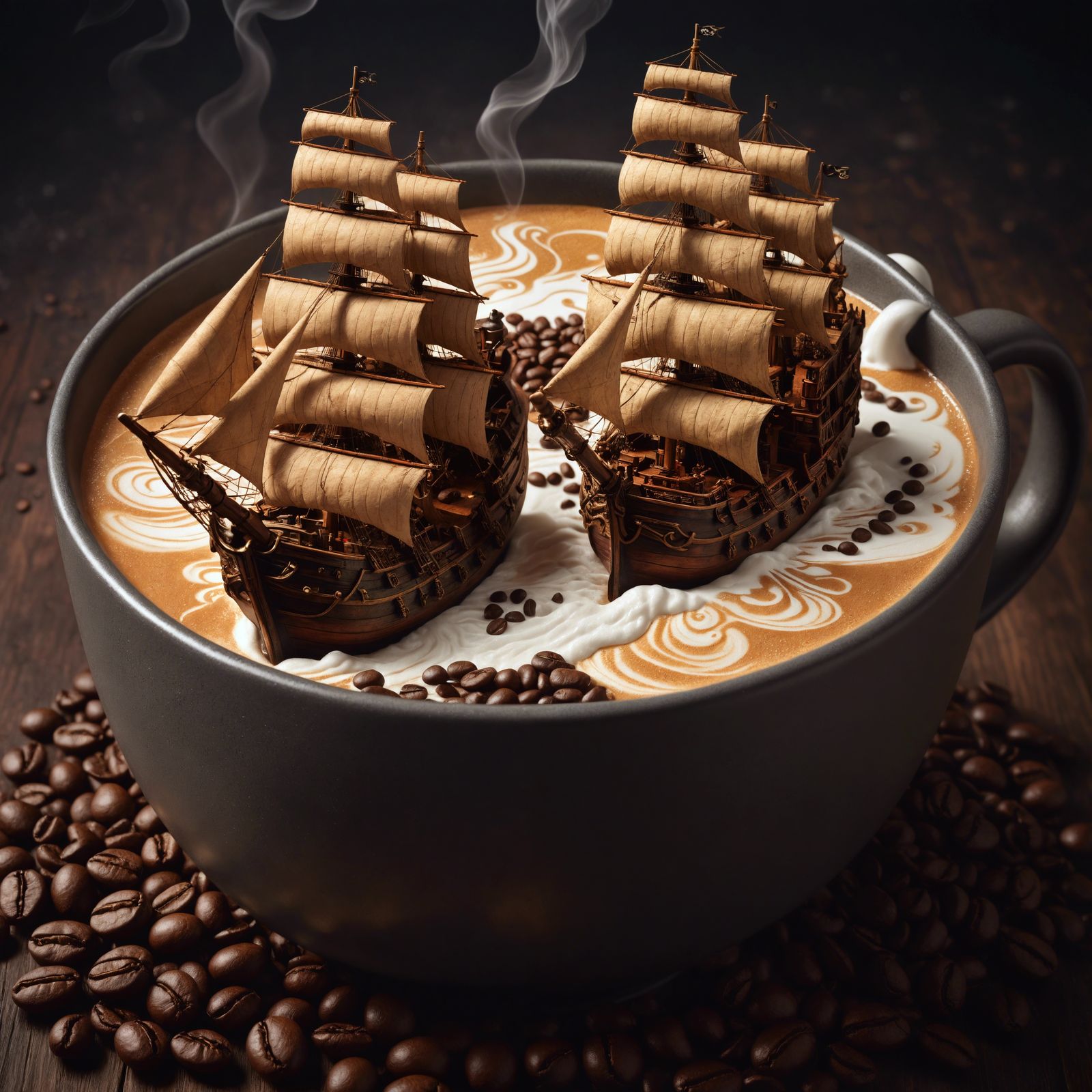 Pirate Ships Battle in Coffee Mug: Hyper-Realistic Scene