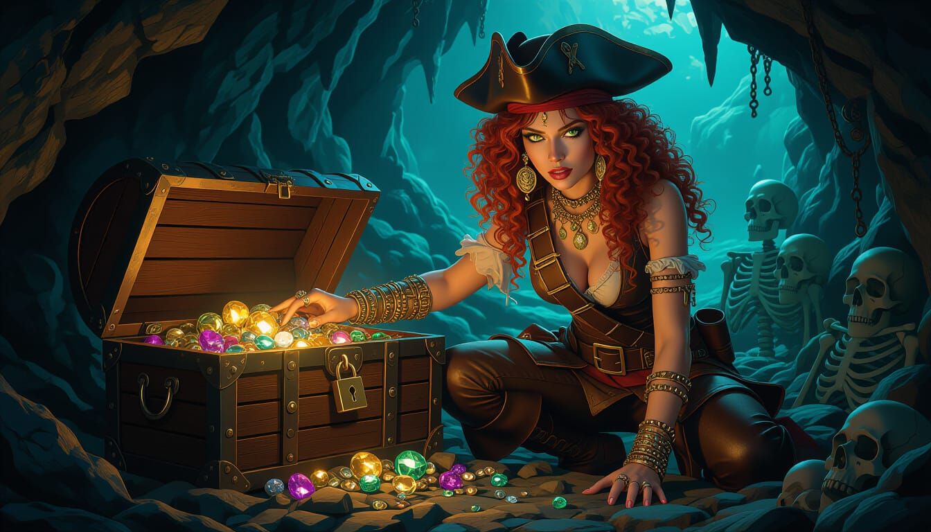 Red-Haired Pirate Finds Treasure in Gloomy Cave