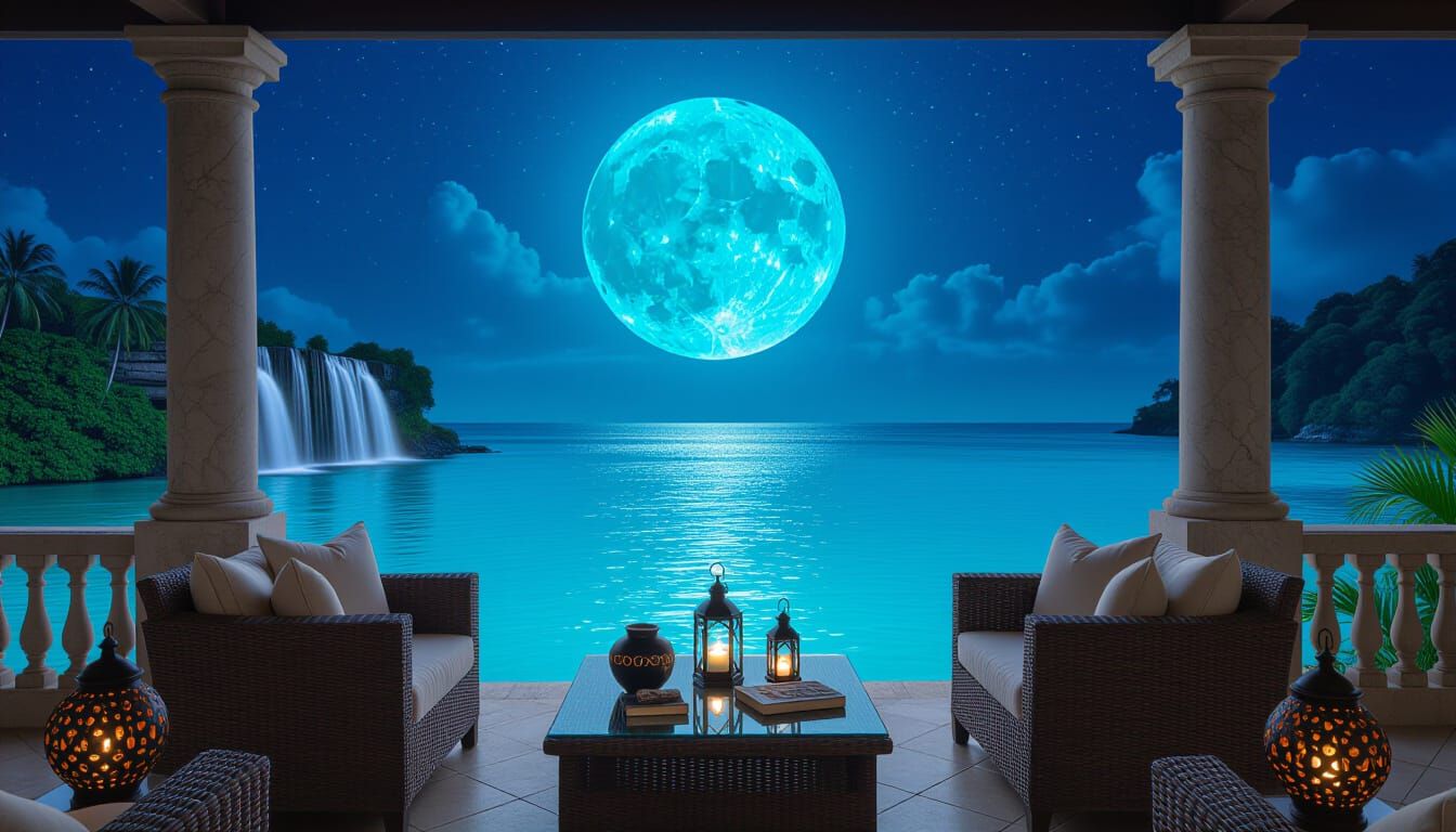 Turquoise Moon Illuminates Tropical Night Scene