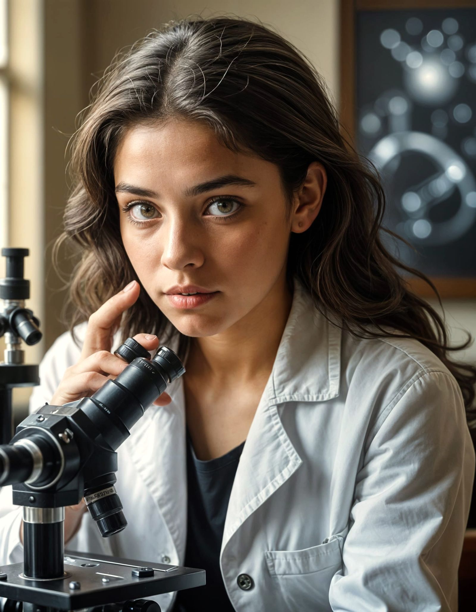 Intelligent Latina Teenager Examines Microscope in a Realist...