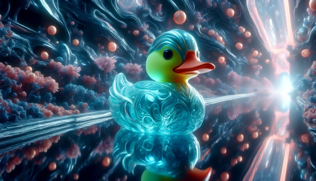 Luminous Biomechanical Xenomorph Duck in Fractal Reality