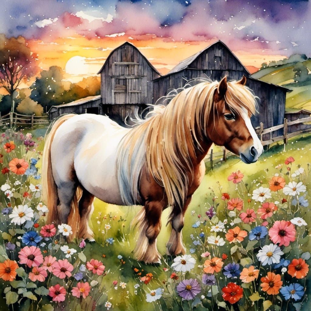 Cute Shetland Pony Portrait in Ink Painting Style