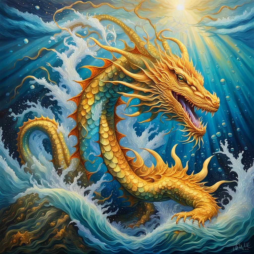 Golden Water Dragon Emerges in Oil Painting