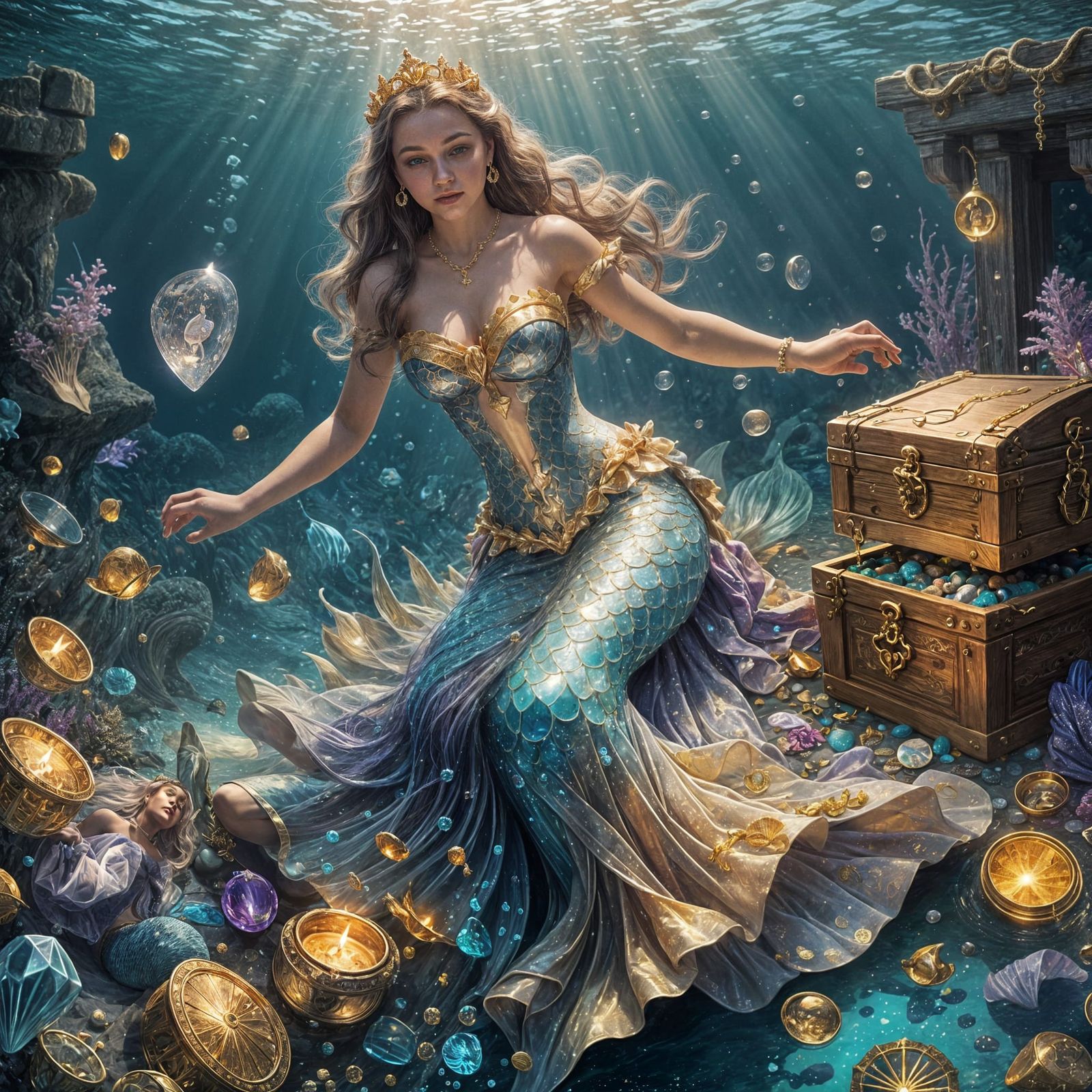 Mermaid Princess Swimming Over Ocean Treasure