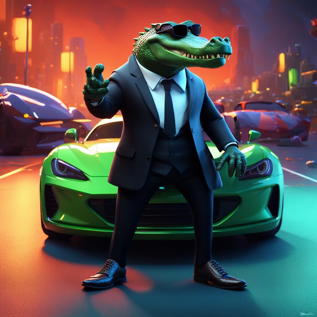 Crocodile in Suit with Sports Car: 3D Digital Art