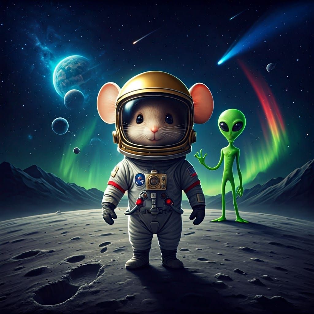 Chibi Mouse Astronaut on Moon with Alien Photobomb