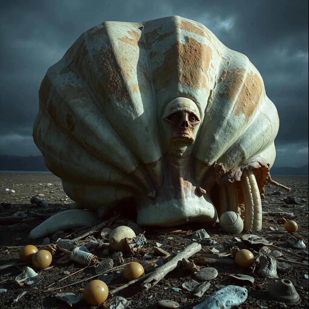 Eerie Giant Shell on Beach in Dark Surrealism Style