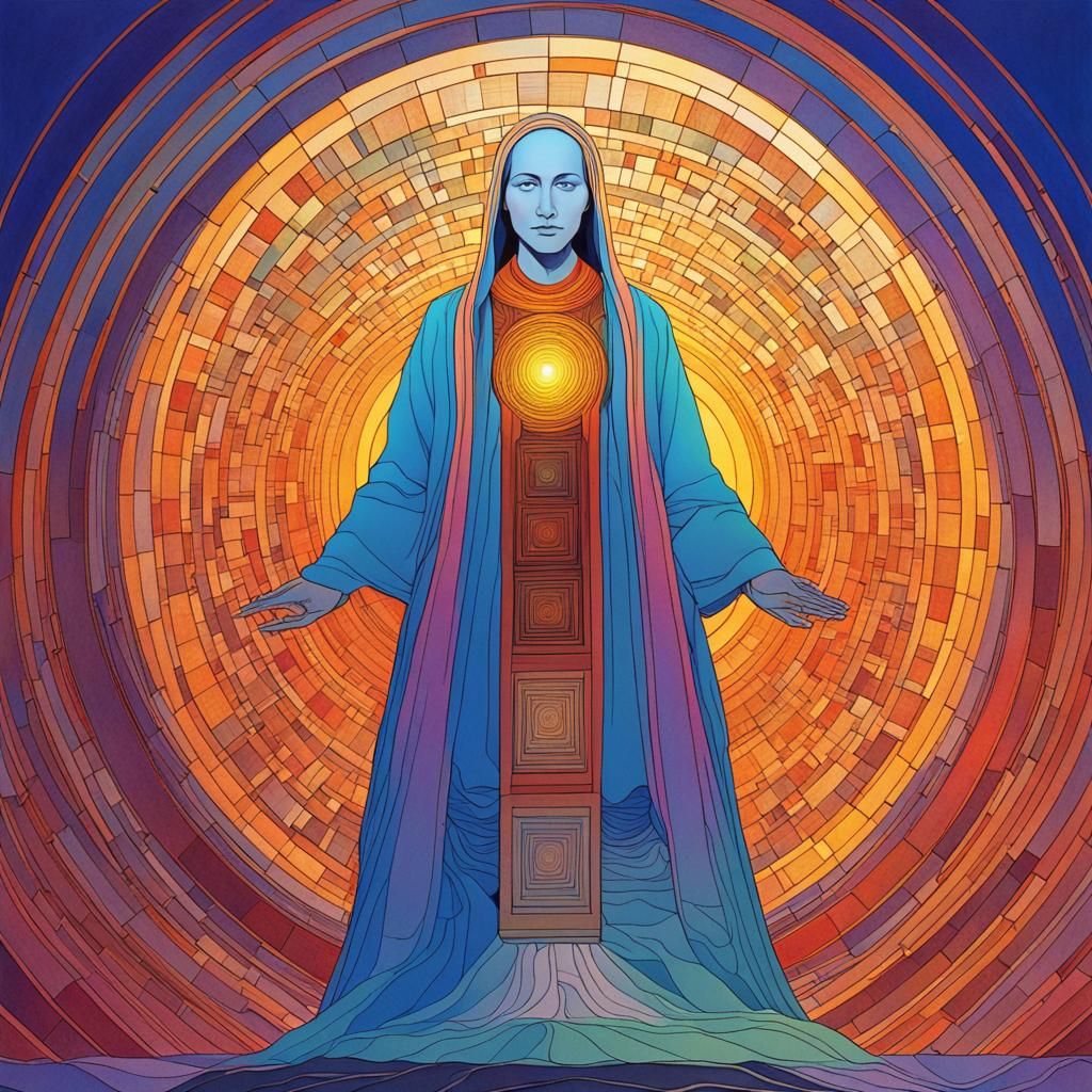 Woman's Geometric Enlightenment in Dynamic Lighting