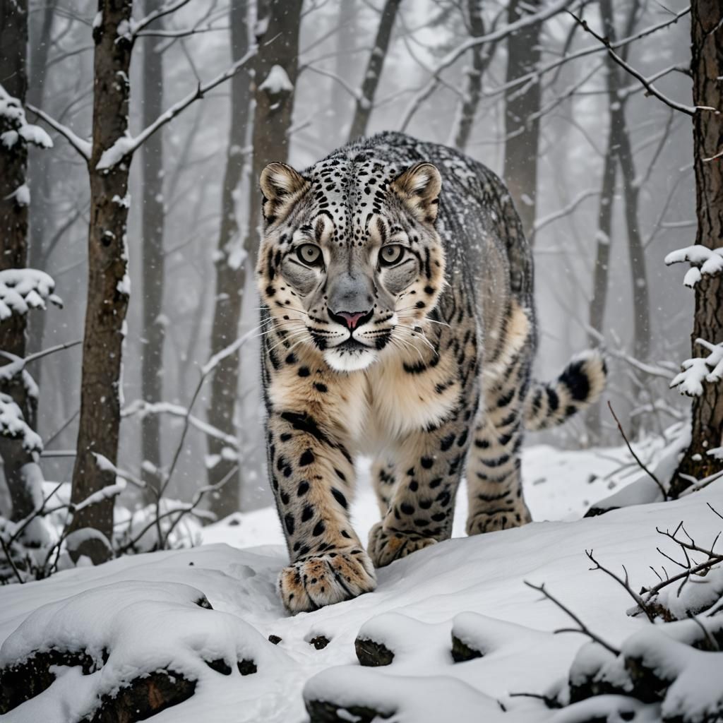Snow Leopard Stalking in Snowy Mountains
