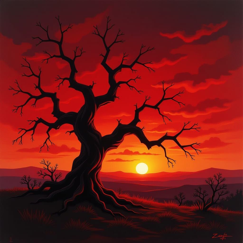 Gnarled Tree Silhouette in Gouache Impasto Style