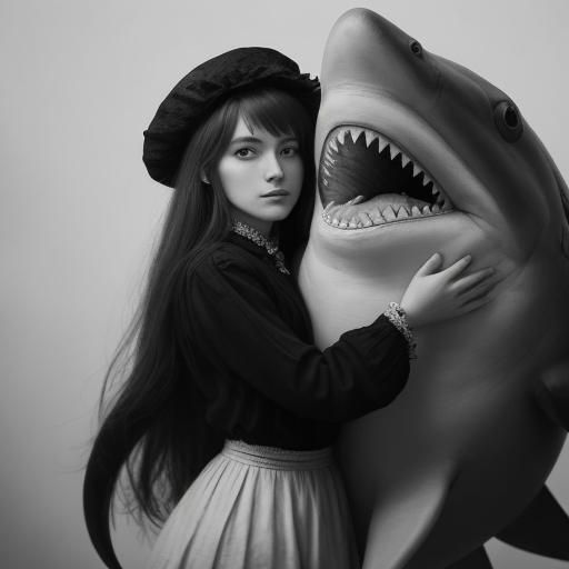 Surreal Black and White Photo: Girl Hugging Shark