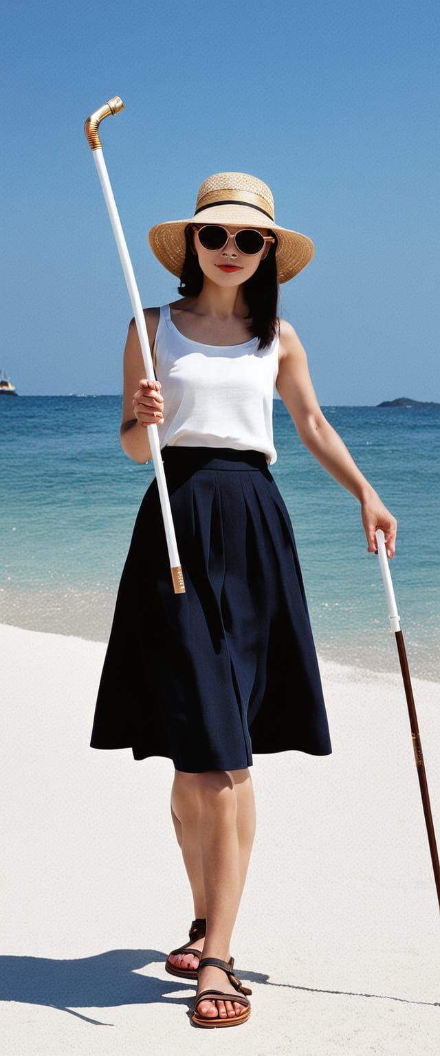Woman with White Cane Enjoys Beach Day