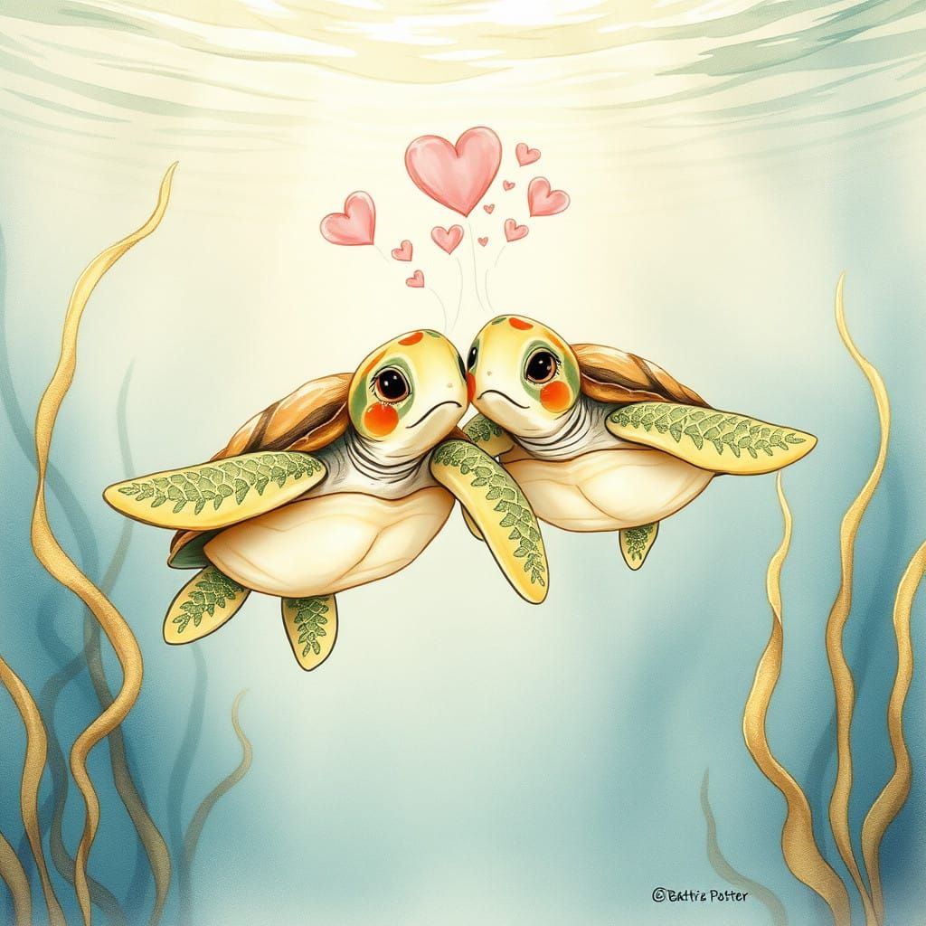 Turtles Swim Together in a Whimsical Underwater Scene