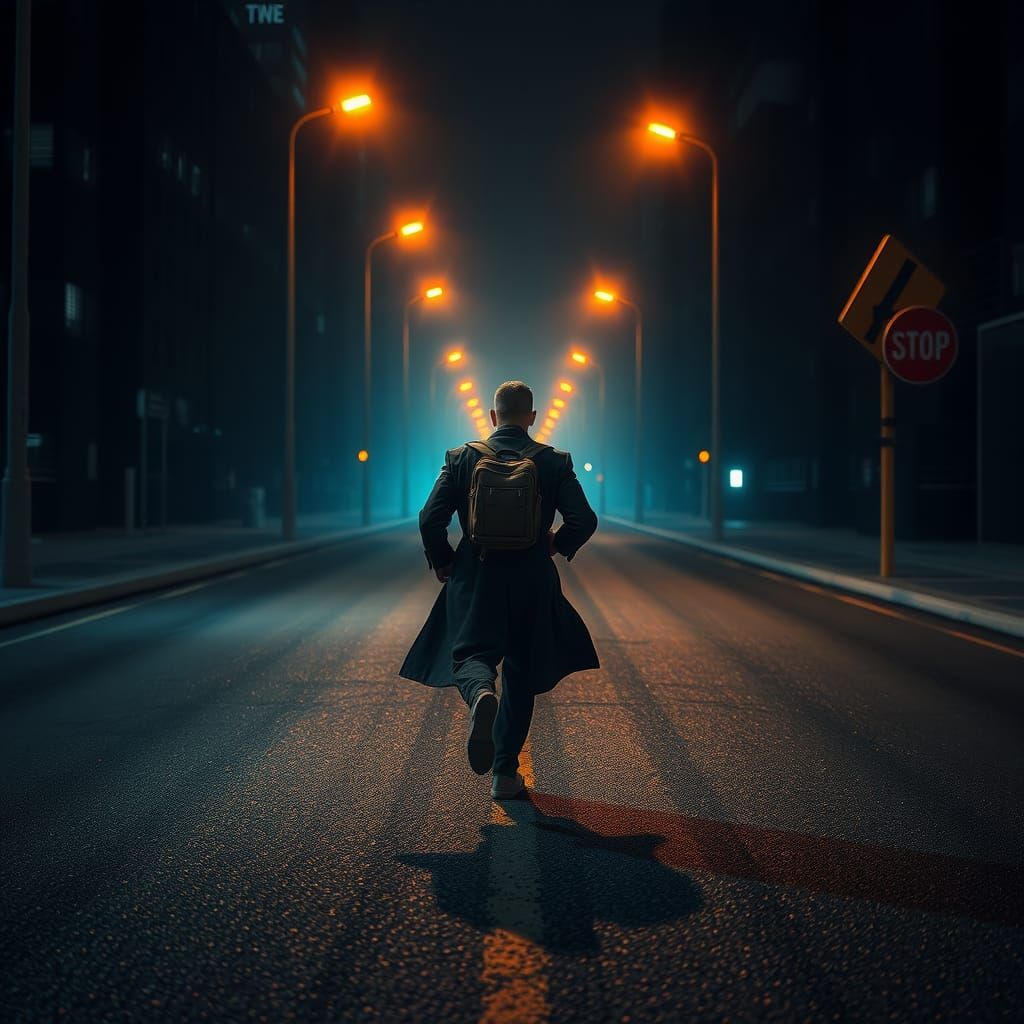 Man Runs on Empty Street in Fantasy Matte Painting