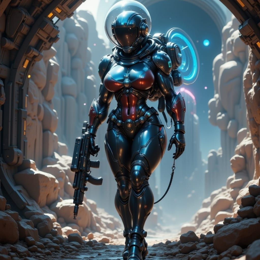 Muscular Black Female Bounty Hunter in Retro Sci-Fi Armor