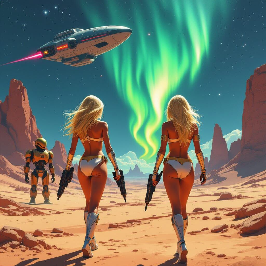 Space Explorers and Robot on Alien World