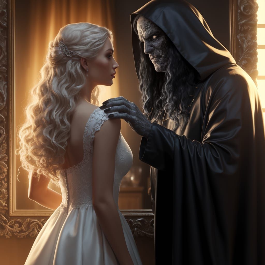 Elegant Woman Surrounded by Dark Shadows in Golden Light