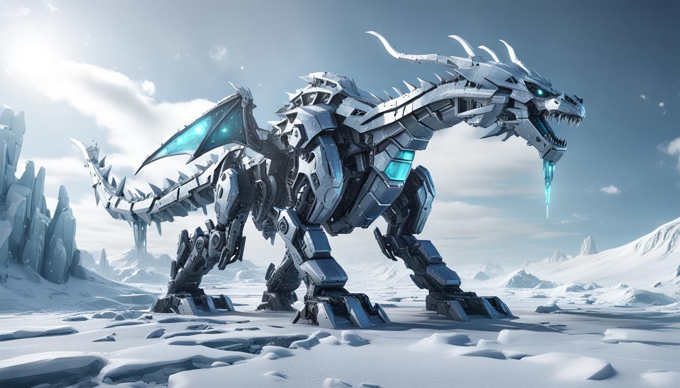 Frozen Dragon Mech in Tundra, Dark Fantasy Art