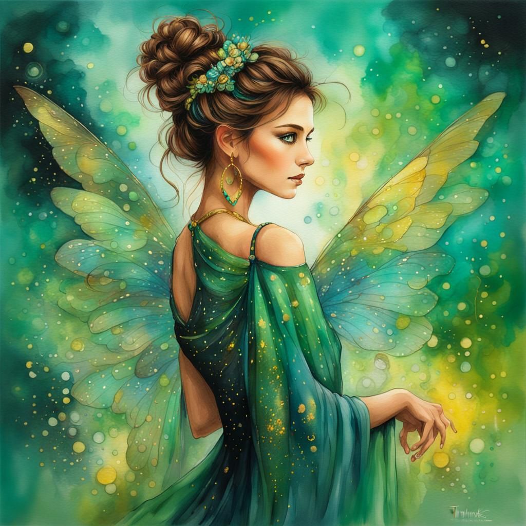 Ethereal Woman with Wings in Watercolor Style