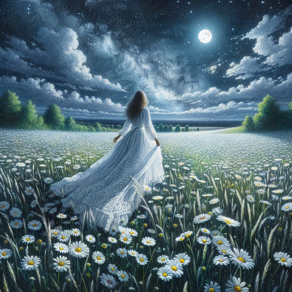 Woman in Daisy Field Under Starry Moon, Watercolor Style