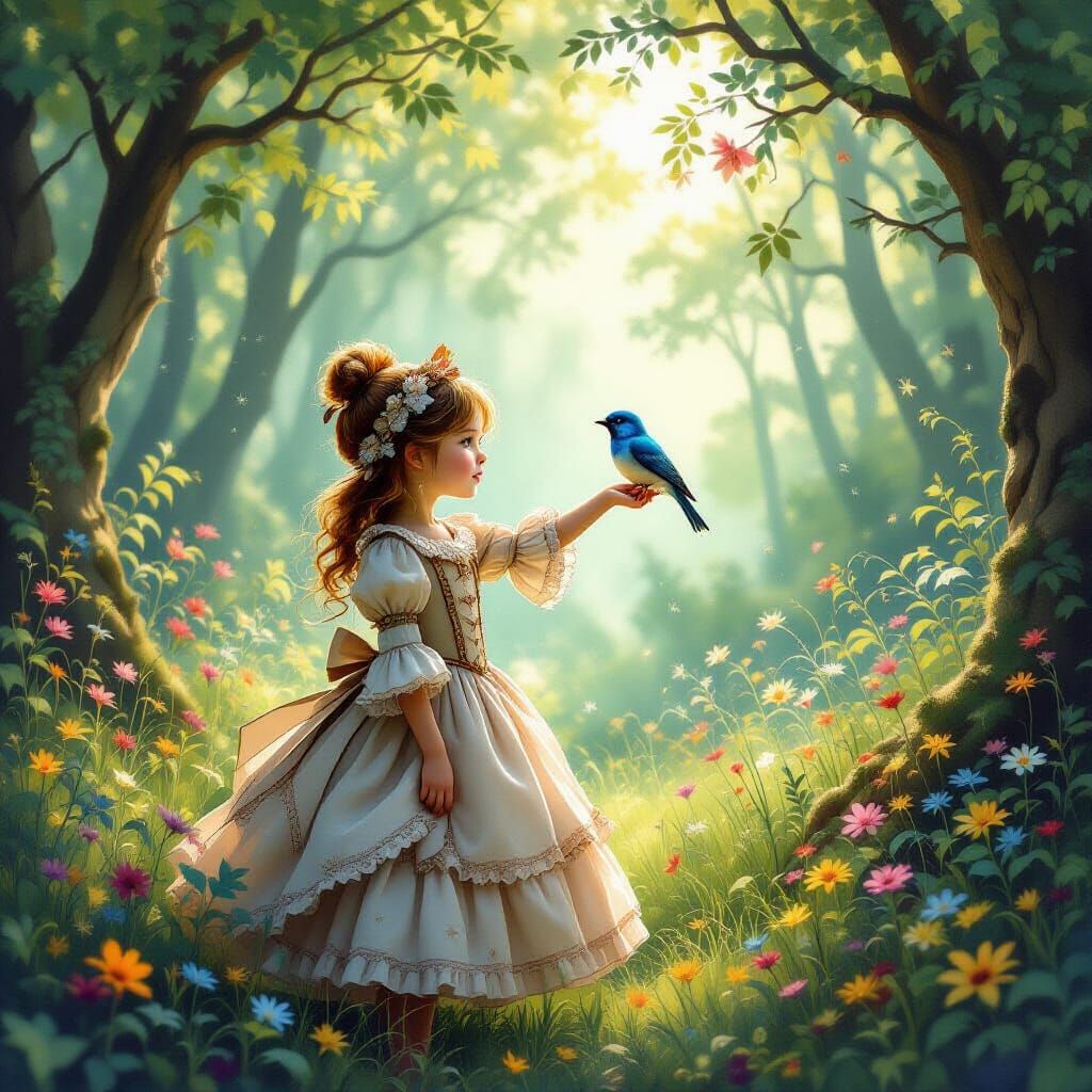 Whimsical Girl with Bluebird in Enchanted Forest