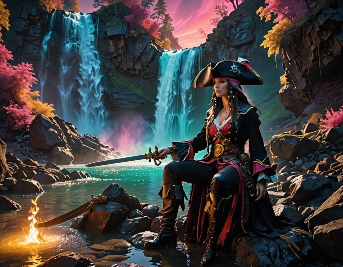 Pirate's Cove with Female Pirate and Waterfall