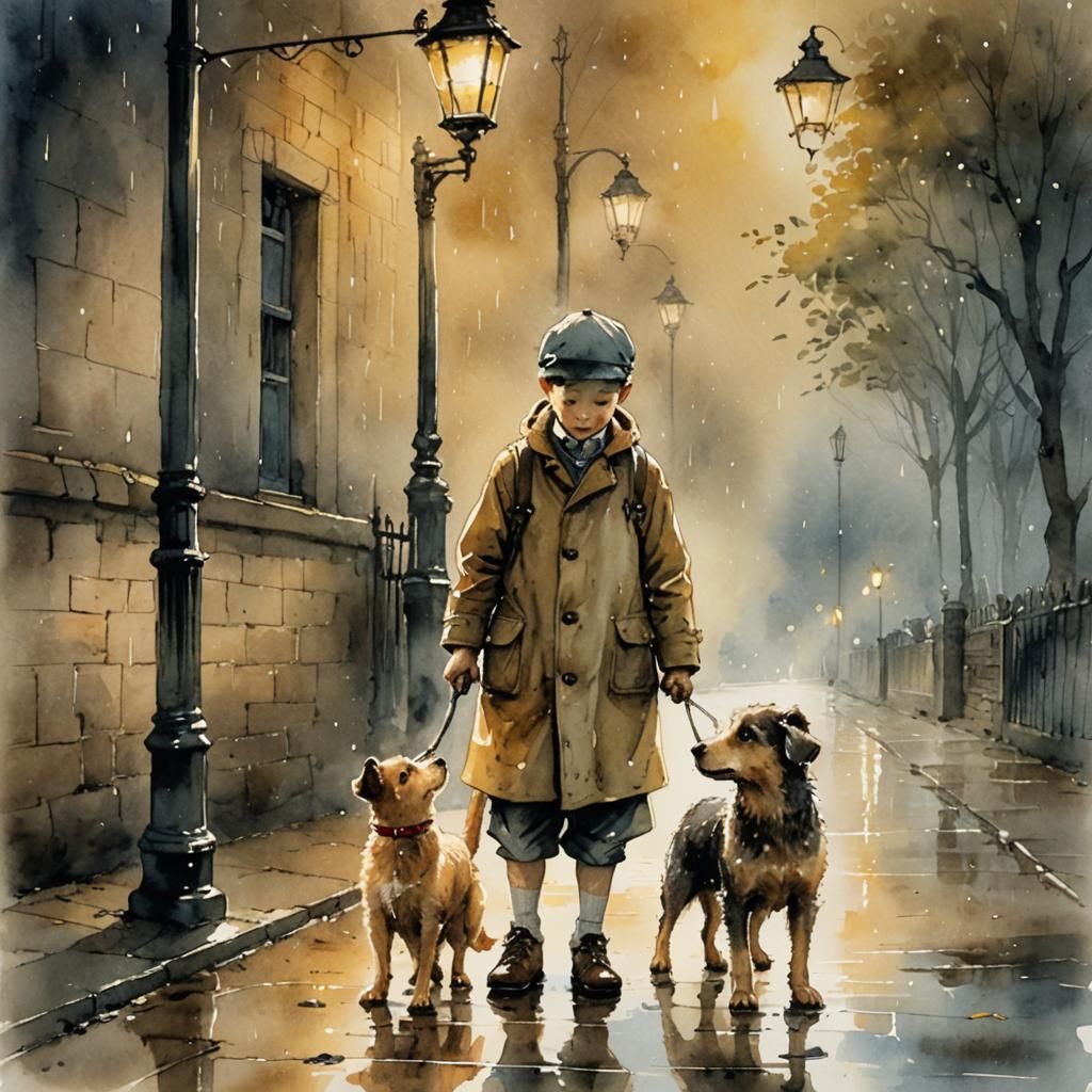 Boy and Dog Under Streetlamp, Watercolor Art