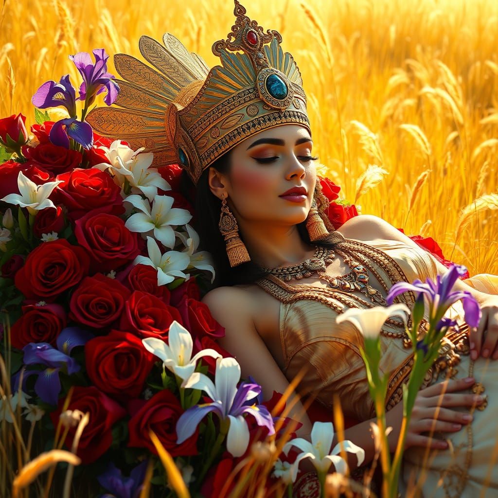 Egyptian Queen in Golden Field of Roses