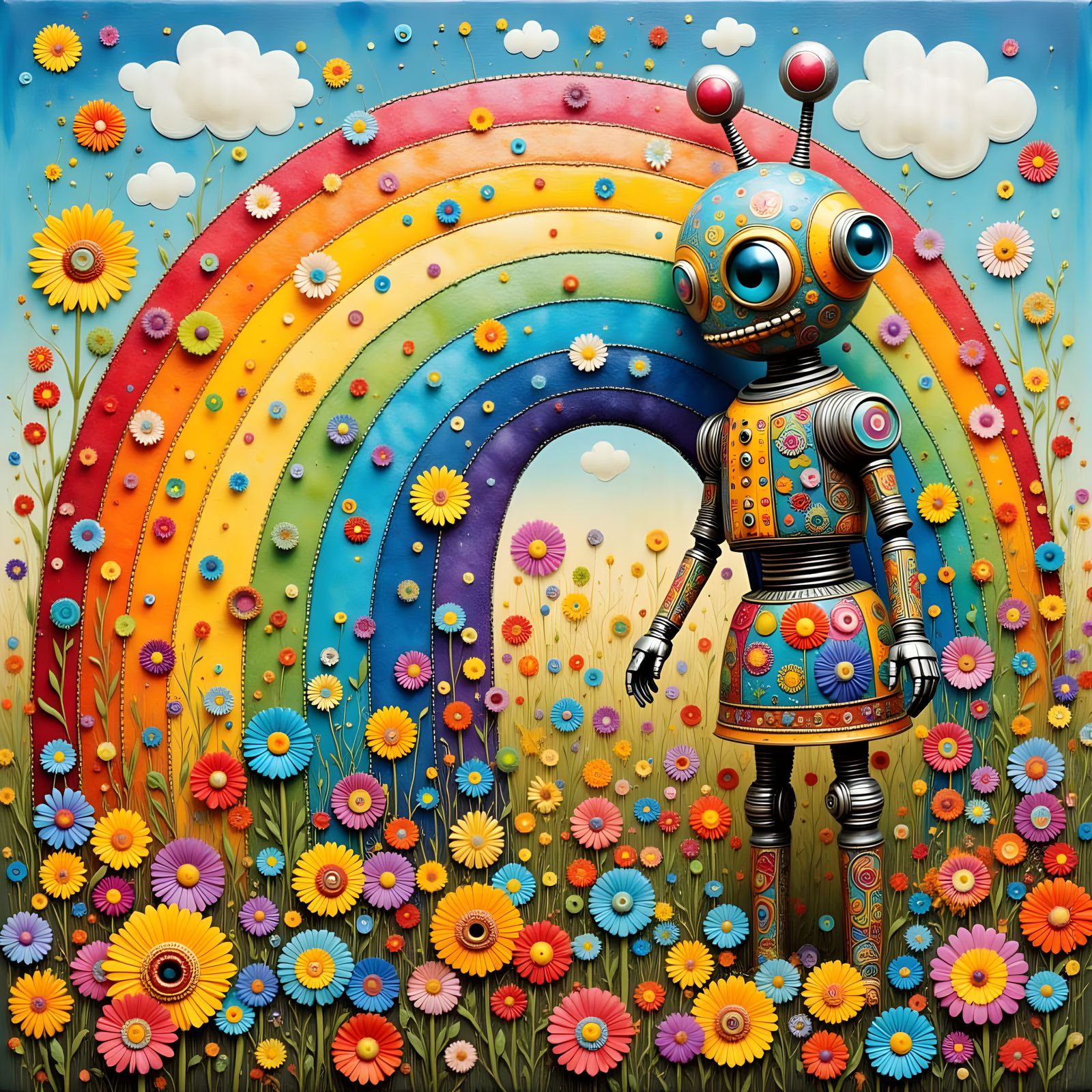 Rainbow Robot in Wildflowers: Encaustic Collage Art