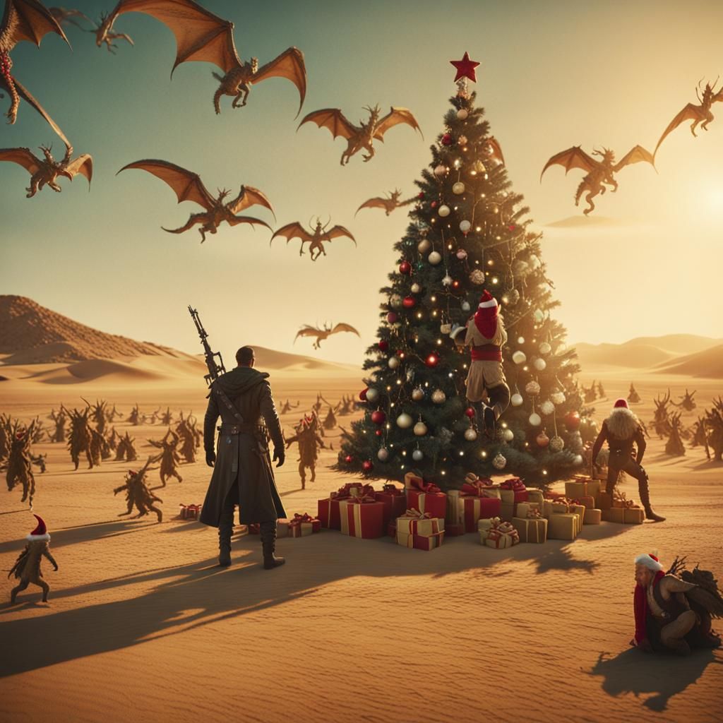 Epic Mad Max Christmas in a Desert Landscape with Dragons