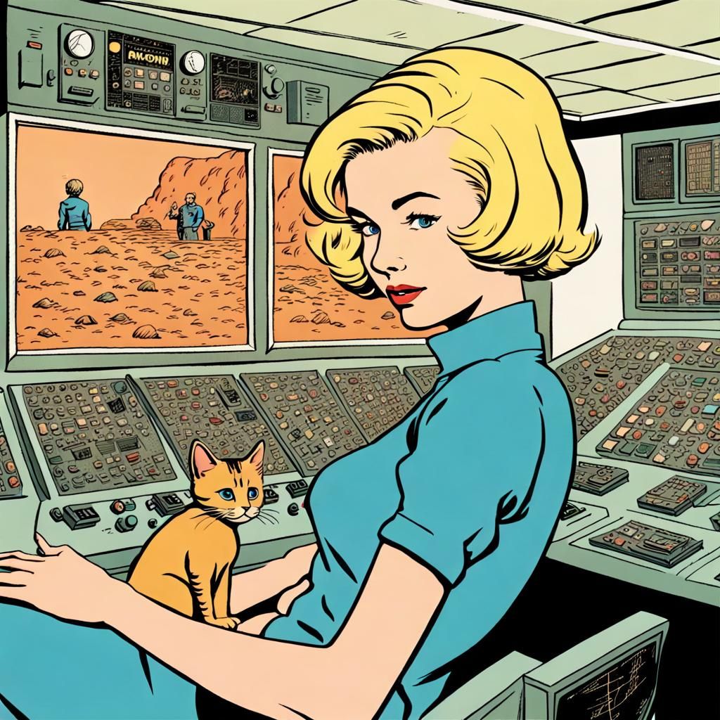 Blonde Woman with Kitten in Martian Colony