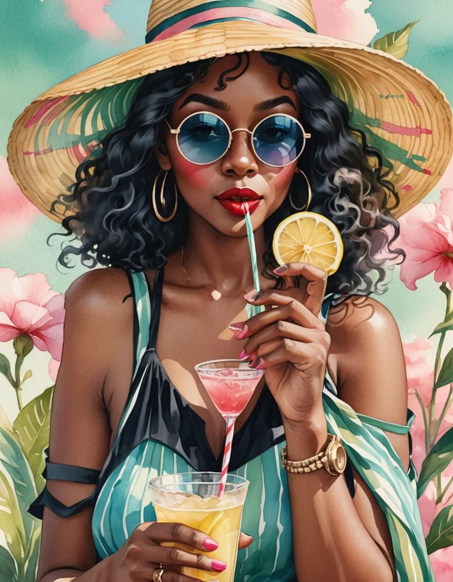 Stylish Woman Sipping Drink: Watercolor Art Nouveau Illustra...