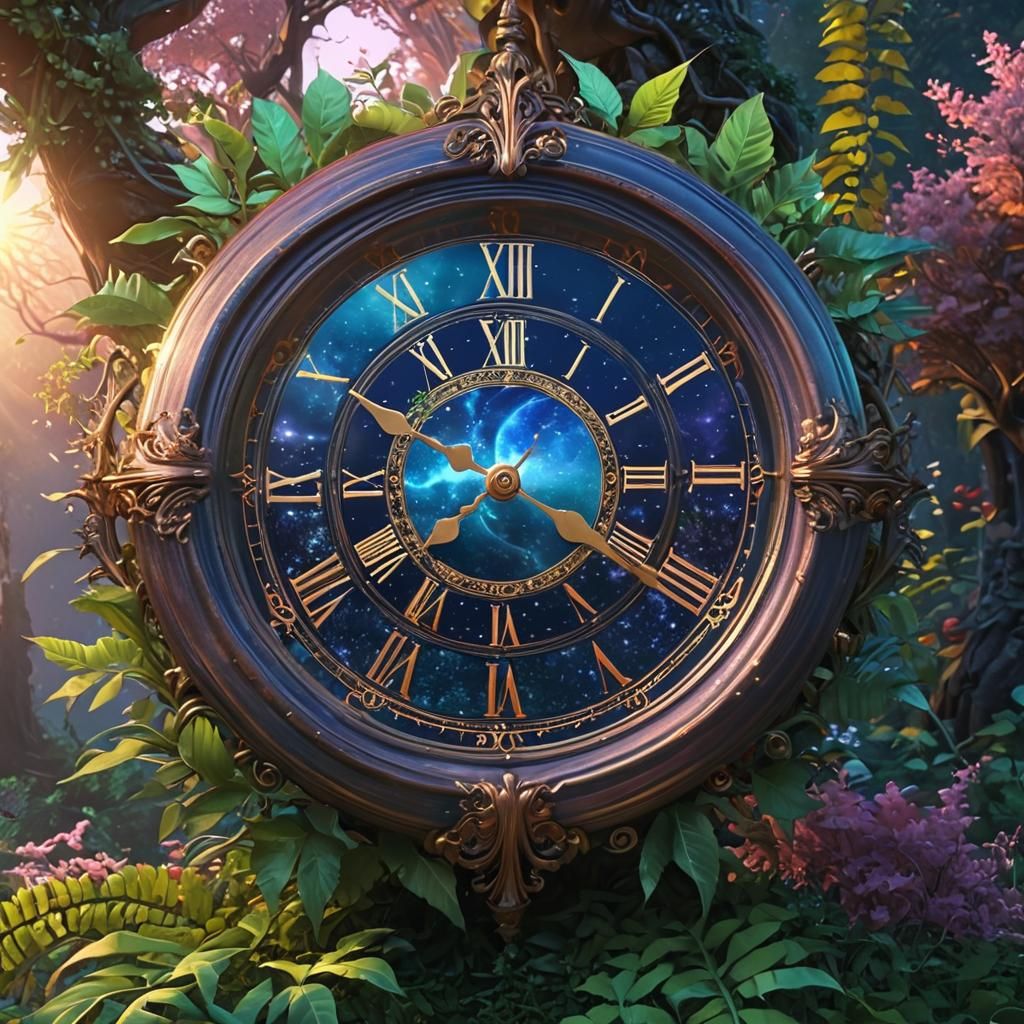 Magical Clock Entwined with Nature in Pastel Colors