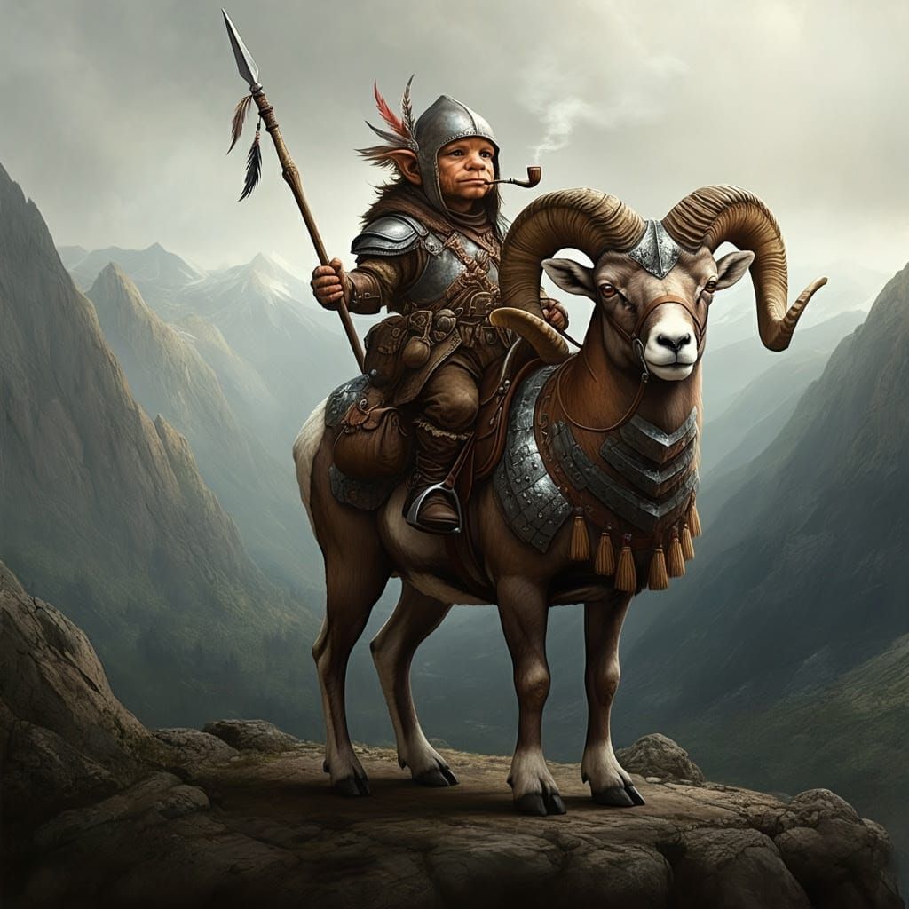 Armored Halfling Ram-Rider in Mountain Landscape