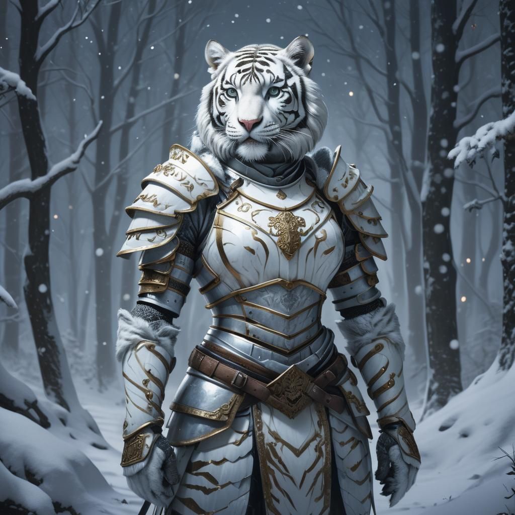 White Tiger Woman Warrior in Snowy Forest